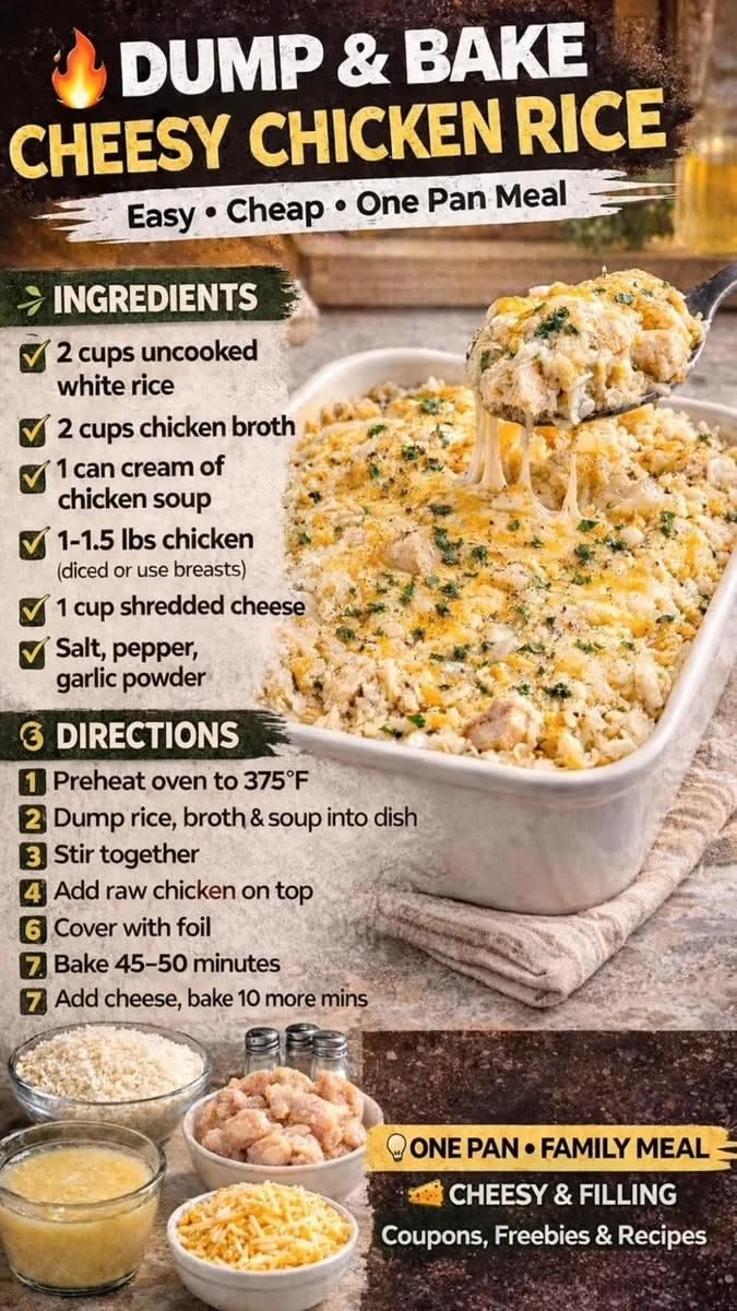 Creamy cheesy chicken rice dish in a one-pan meal preparation