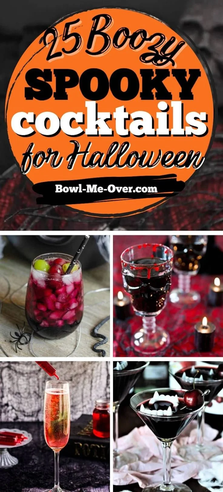 A collection of Halloween cocktails featuring spooky themed drinks and festive presentations.