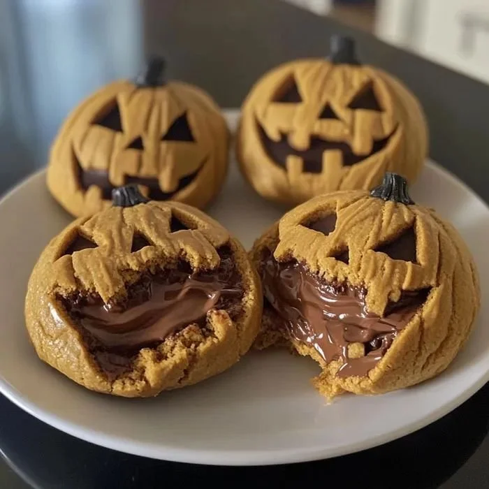 Delicious Halloween snacks including peanut butter cookies with chocolate chip filling.