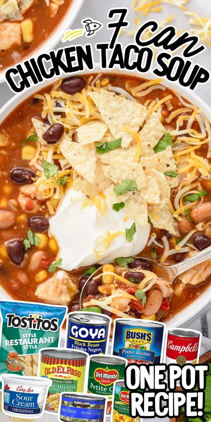 Bowl of 7 Can Chicken Taco Soup topped with fresh cilantro and lime slices.