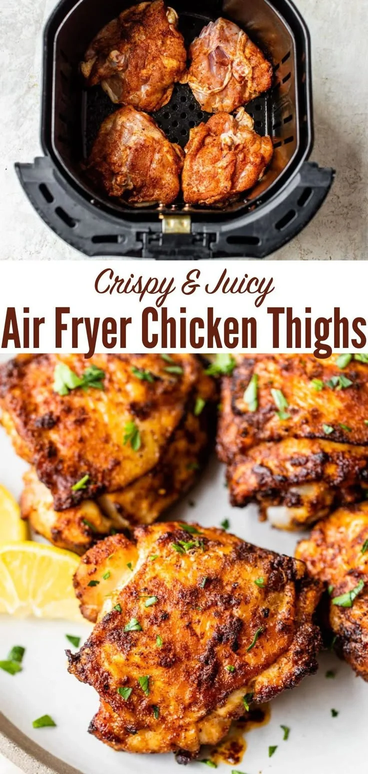 Crispy and juicy air fryer chicken thighs served on a plate with herbs