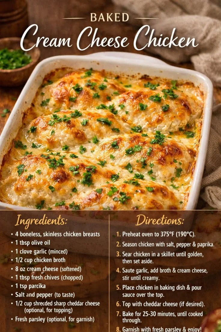 Dish of Baked Cream Cheese Chicken, a quick oven meal recipe with cream cheese.