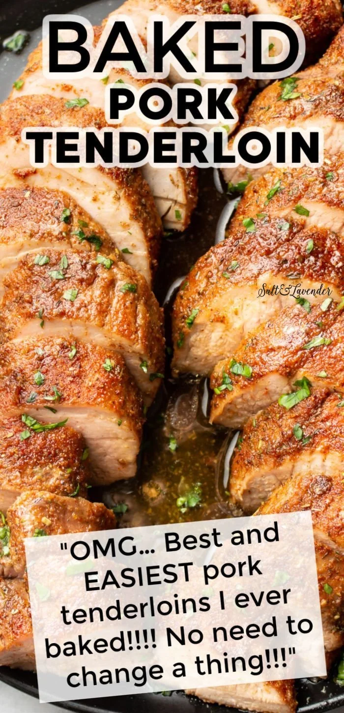 Juicy baked pork tenderloin on a serving platter garnished with herbs
