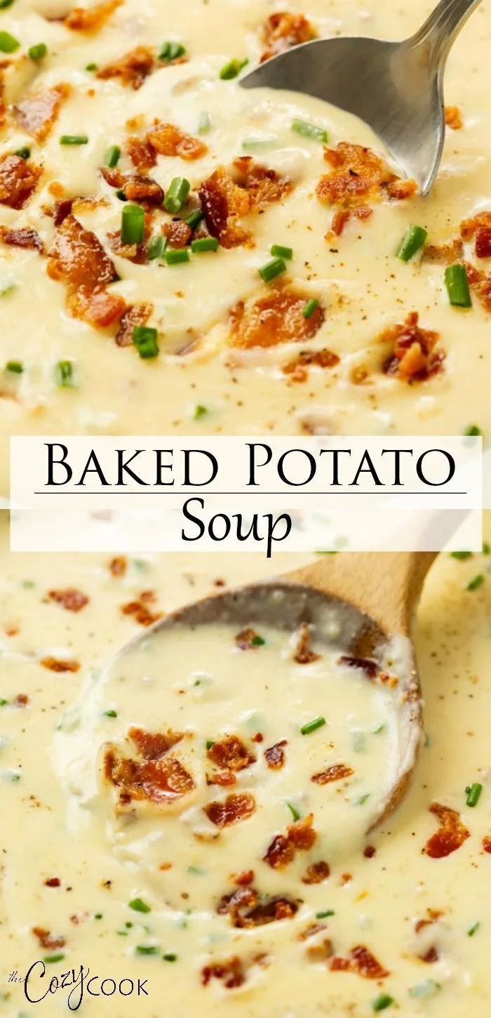 Bowl of creamy baked potato soup topped with chives and bacon