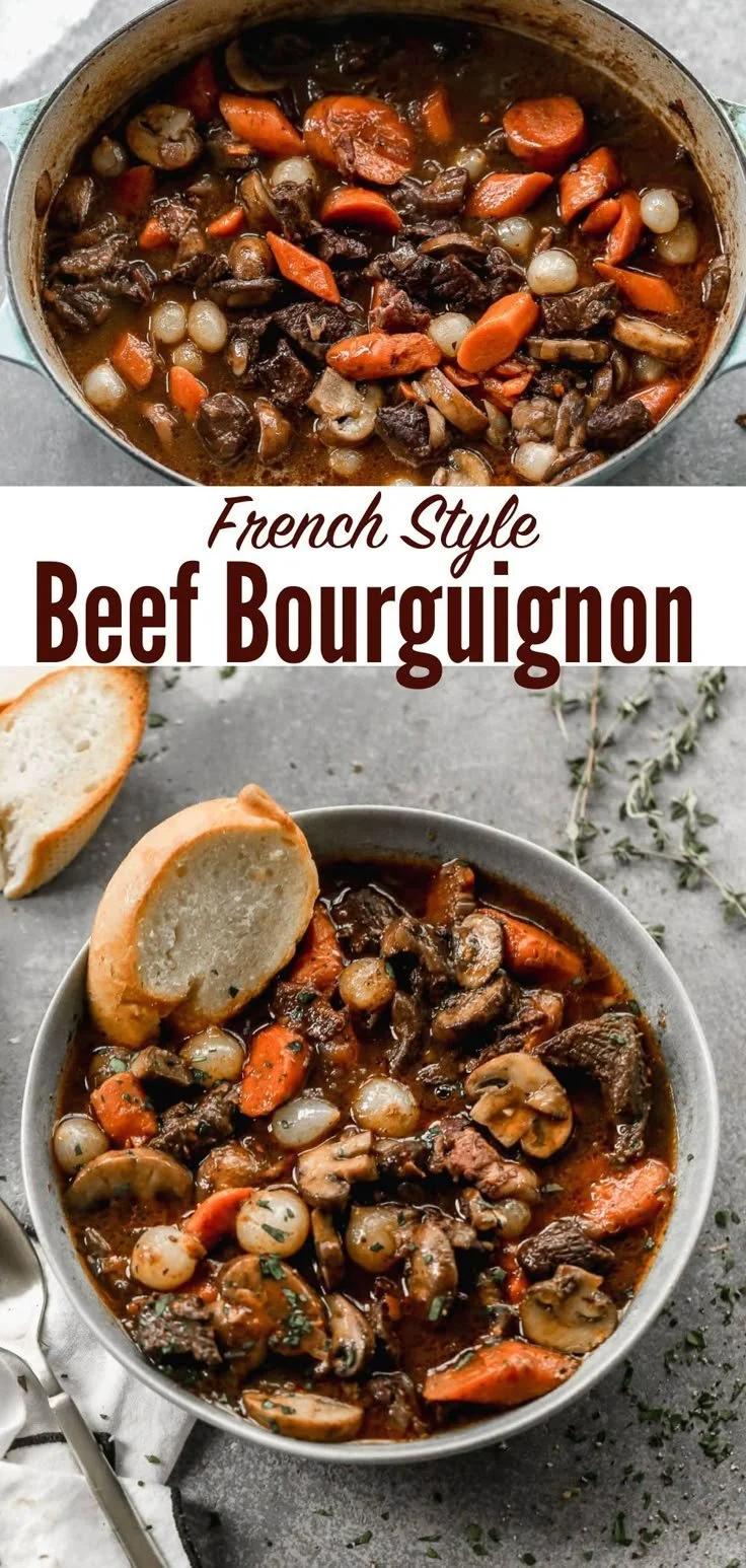 Delicious Beef Bourguignon, a traditional French Burgundy beef stew with rich flavors