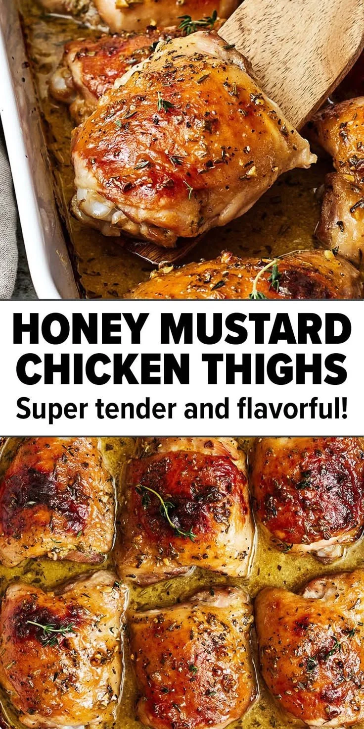 Deliciously baked honey mustard chicken thighs garnished with herbs