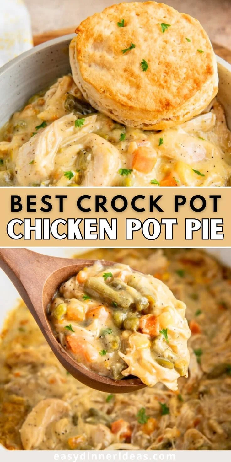 A delicious bowl of Crock Pot Chicken Pot Pie with vegetables and creamy sauce.