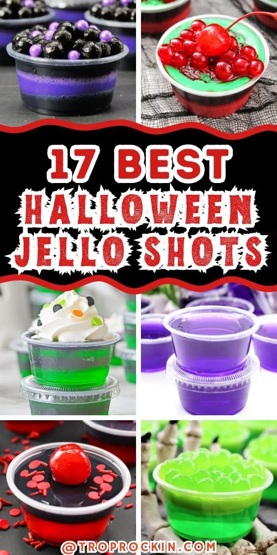 Colorful Halloween Jello shots in spooky themed cups