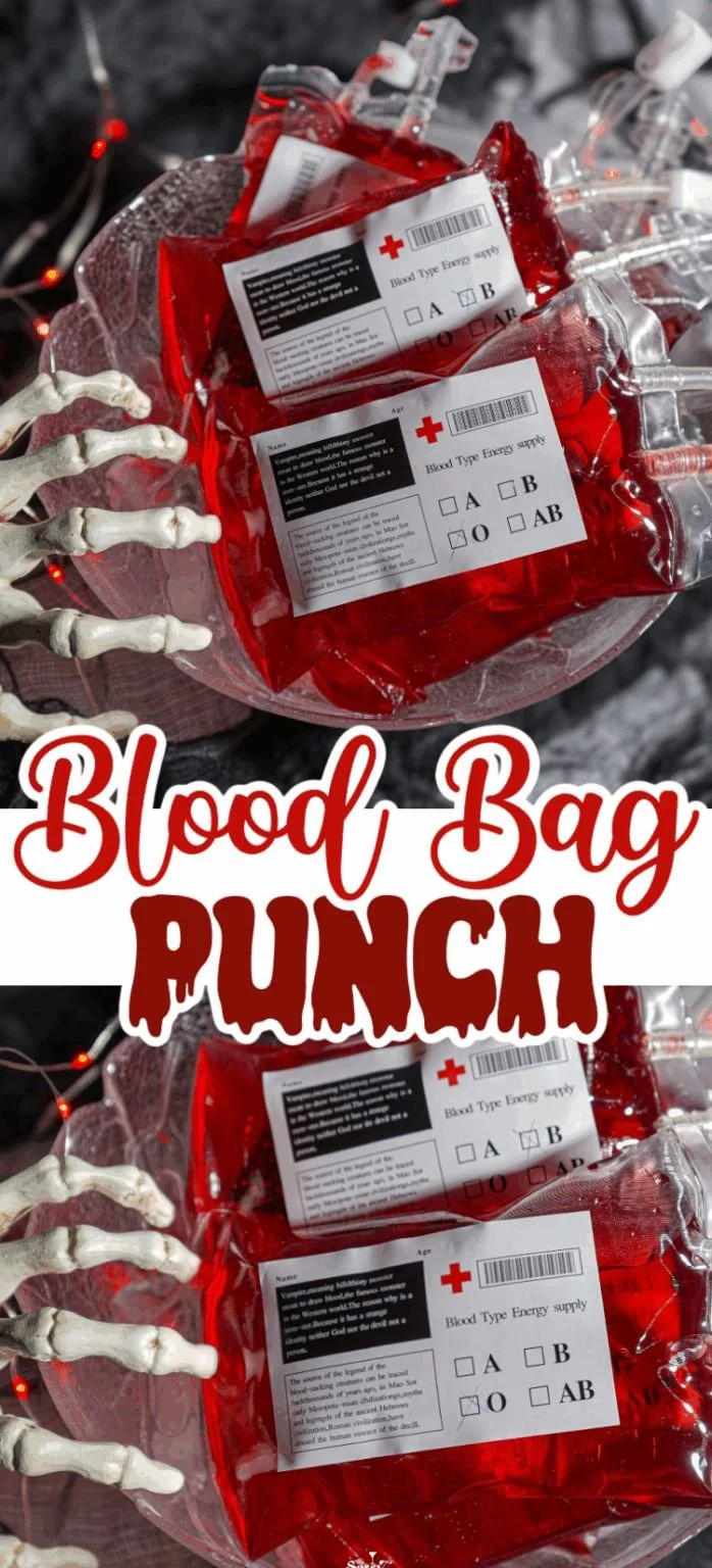 Collection of creative blood bag drinks served at a Halloween party.