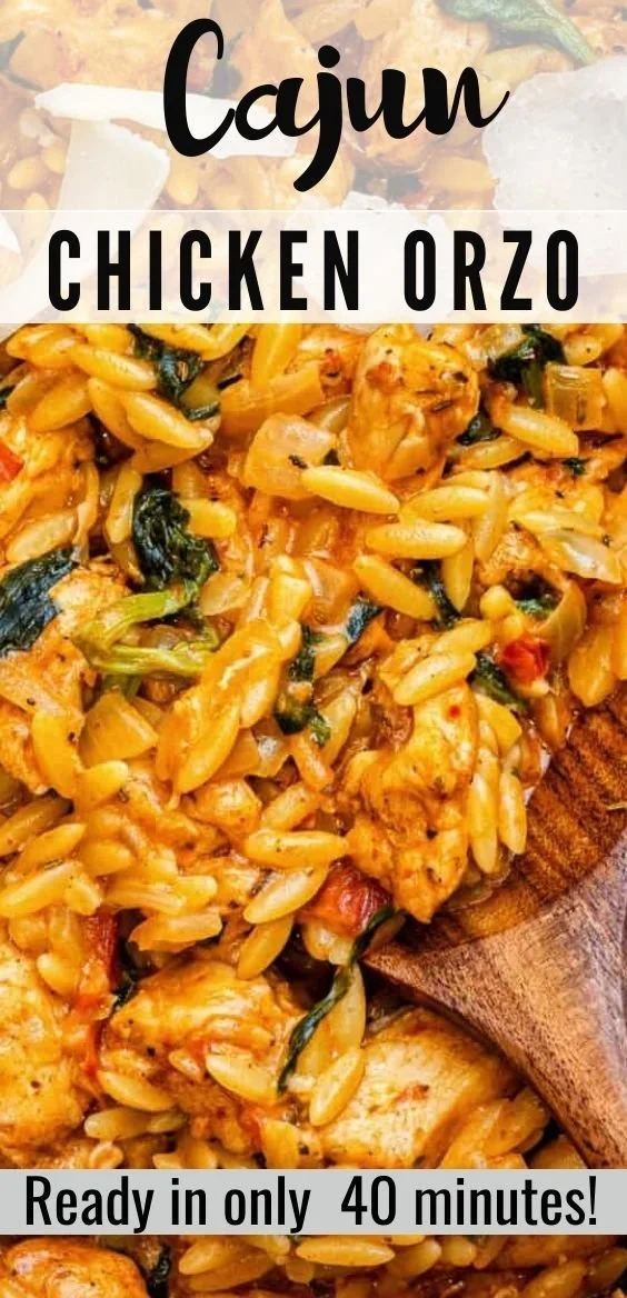Cajun chicken orzo dish with vibrant spices and herbs