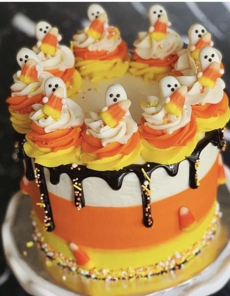 Delicious candy corn cake decorated for Halloween