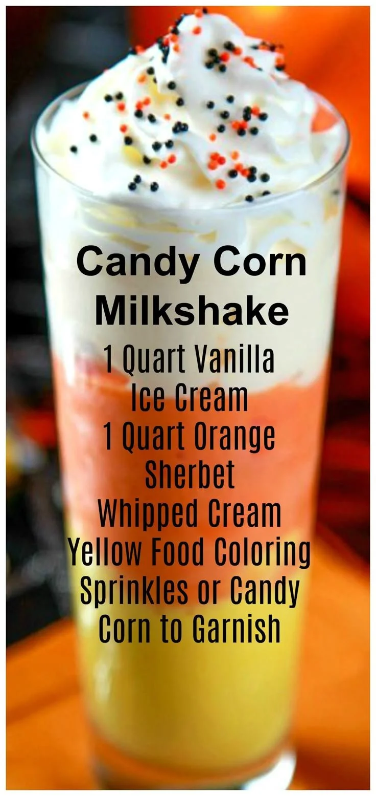 Delicious candy corn milkshake topped with whipped cream and candy corn