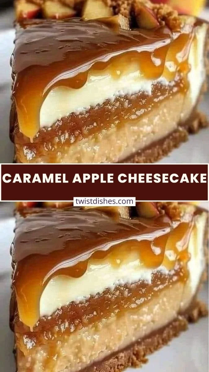 Delicious Caramel Apple Cheesecake topped with caramel drizzle and apple slices