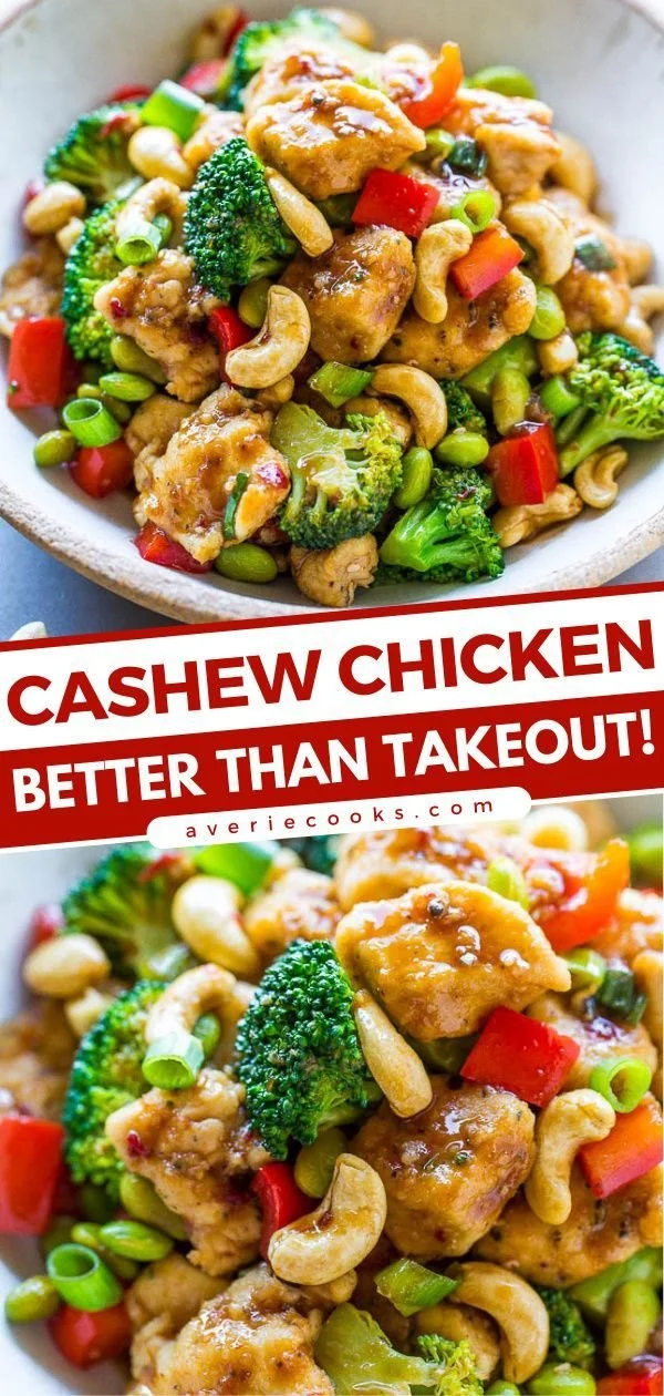 Delicious homemade cashew chicken served with vegetables and rice.