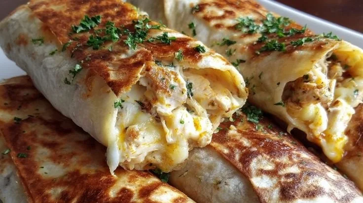 Cheesy garlic chicken wraps on a plate, showcasing delicious ingredients.