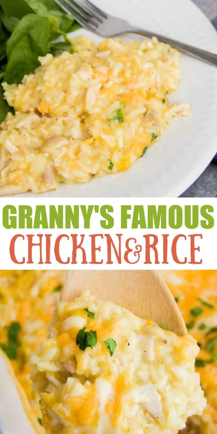 Creamy chicken rice casserole with tender chicken and rice topped with cheese