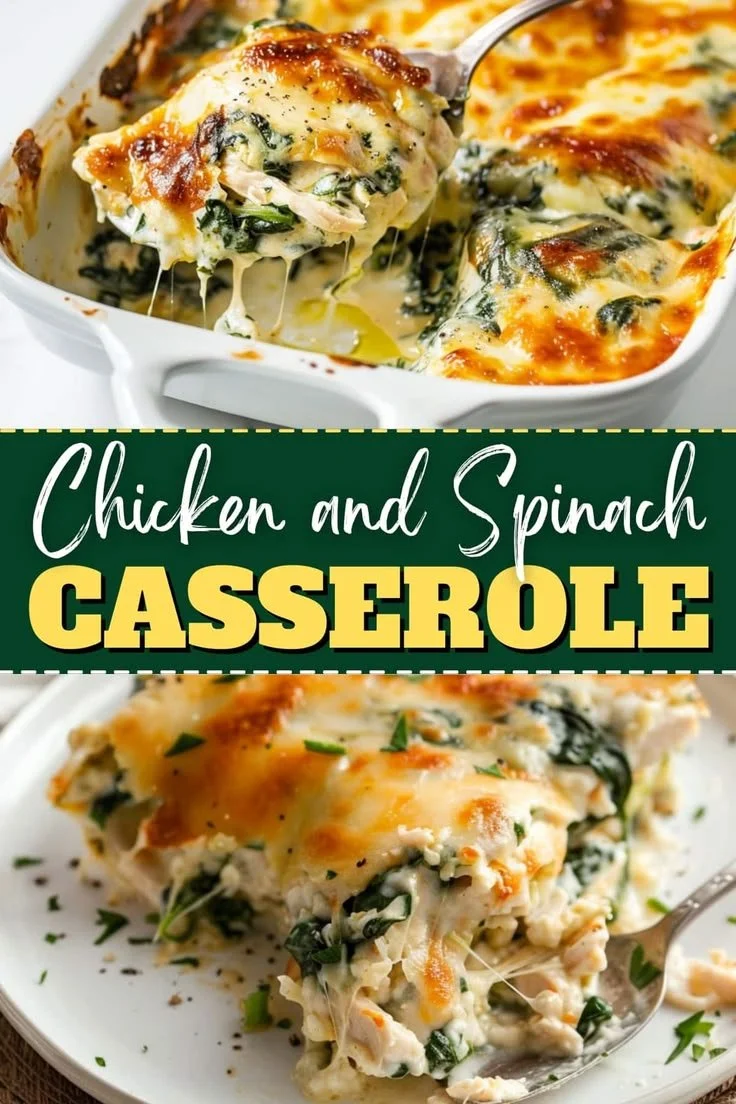 Chicken and spinach casserole topped with cream cheese, a delicious dinner option.