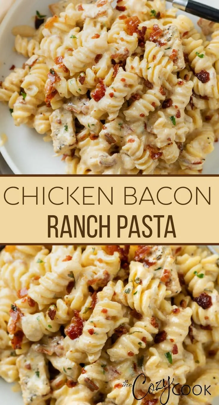 Delicious Chicken Bacon Ranch Pasta topped with crispy bacon and herbs
