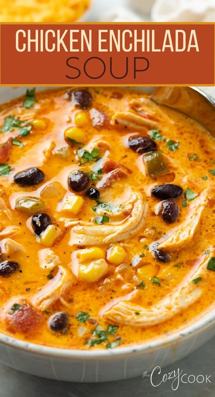 A bowl of spicy Chicken Enchilada Soup garnished with cilantro and tortilla strips.