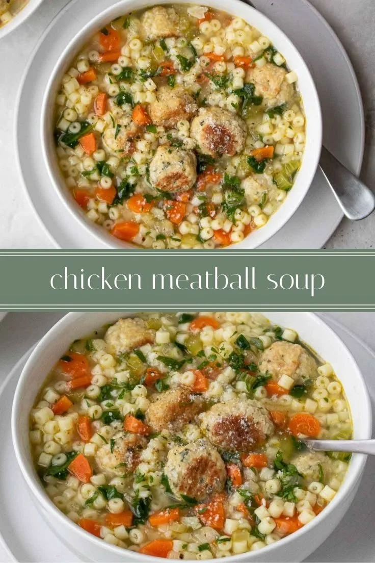 Bowl of Chicken Meatball Soup with fresh herbs and vegetables
