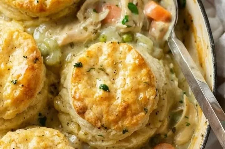 Delicious Chicken Pot Pie with Biscuits served in a rustic dish.