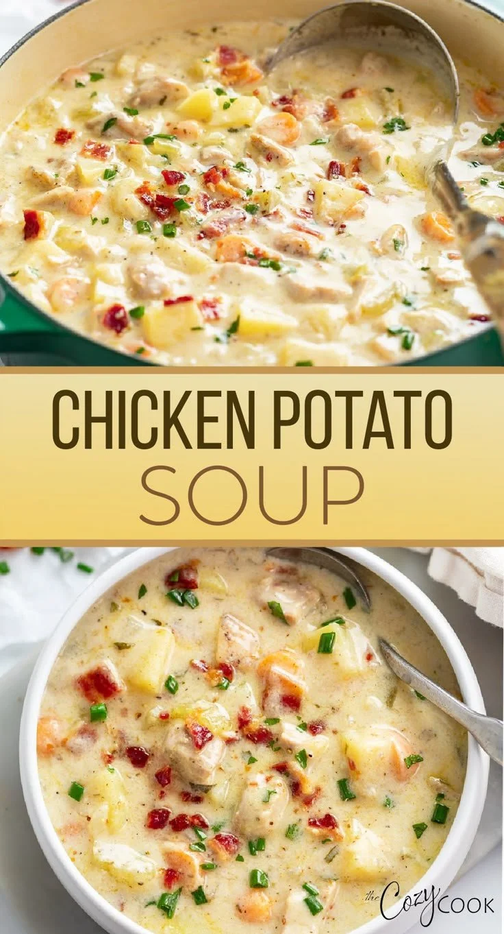 Bowl of Chicken Potato Soup with veggies and herbs, perfect for a cozy meal
