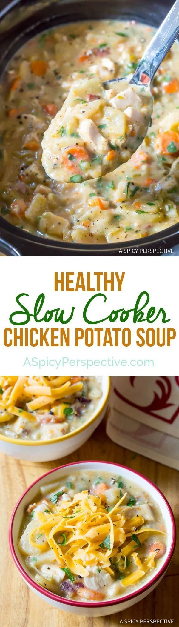 Bowl of delicious Chicken Potato Soup made in a Crockpot.