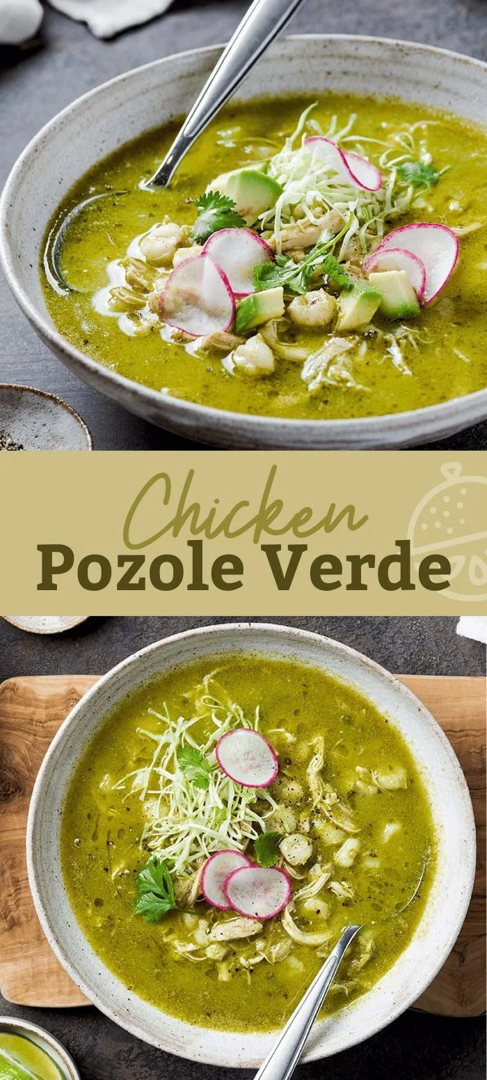 Bowl of Chicken Pozole Verde topped with fresh herbs and radishes