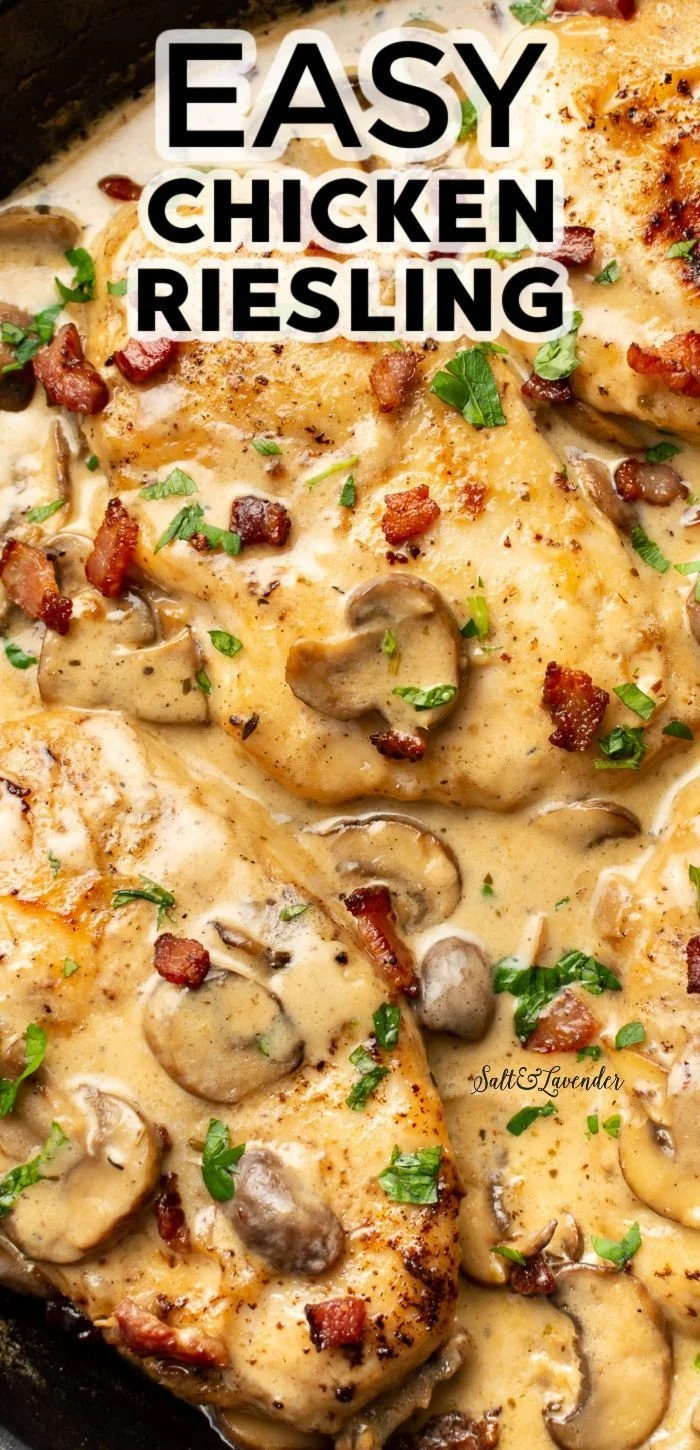 A delicious plate of Chicken Riesling served with vegetables and herbs.