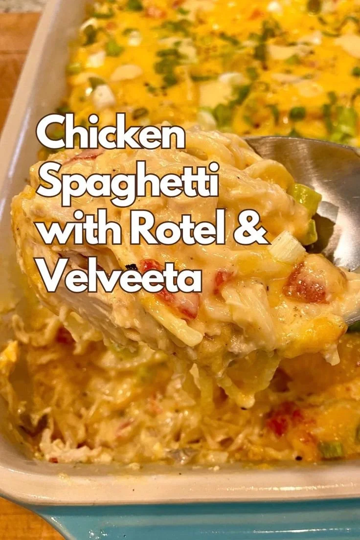 Creamy chicken spaghetti with Rotel and Velveeta served in a bowl