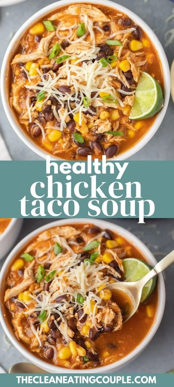 Bowl of Chicken Taco Soup topped with cilantro and avocado