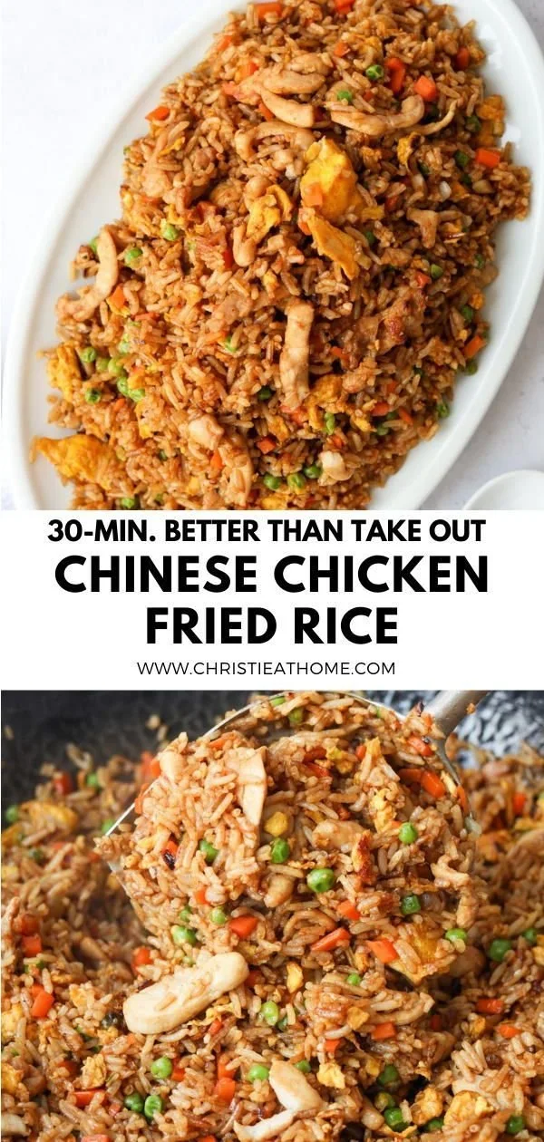 Bowl of homemade Chinese Chicken Fried Rice with vegetables and chicken pieces