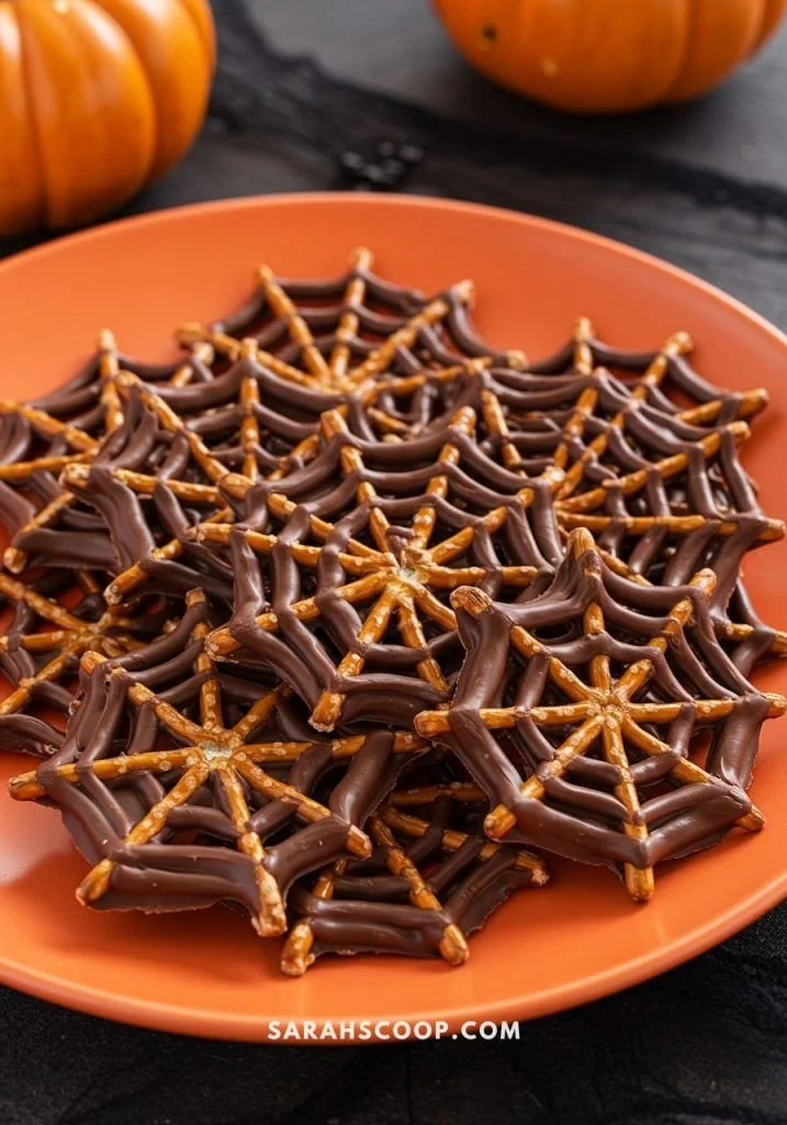 Chocolate Spider Web Pretzels decorated with white chocolate web design