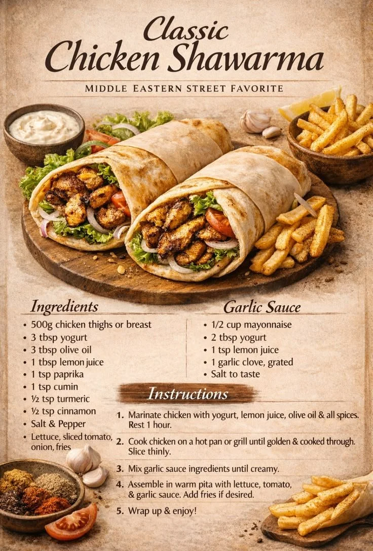 Delicious classic chicken shawarma served with pita and vegetables