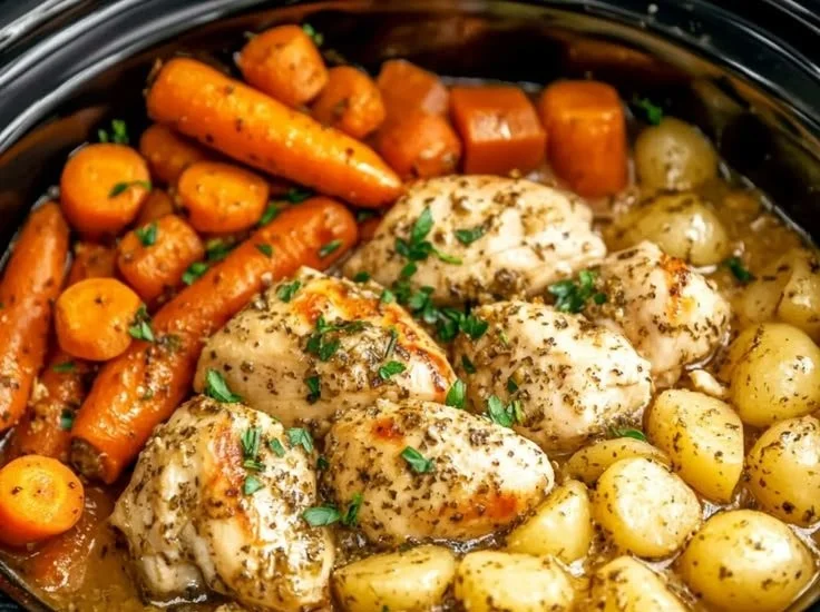 Garlic herb chicken cooked in a crockpot for a delicious and easy dinner.