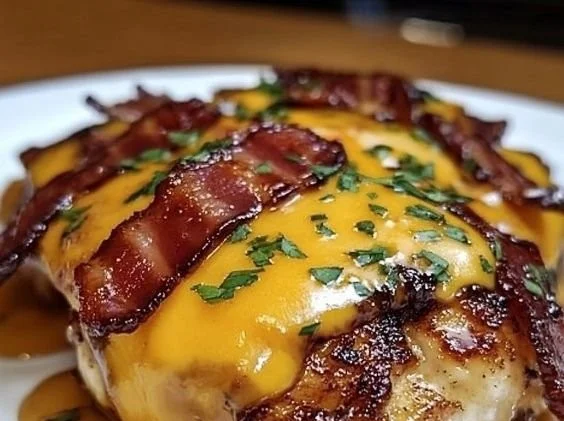 BBQ Bacon Cheddar Chicken topped with crispy bacon and cheddar cheese