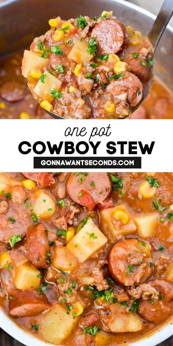 A bowl of Cowboy Stew garnished with fresh herbs, showcasing hearty ingredients.