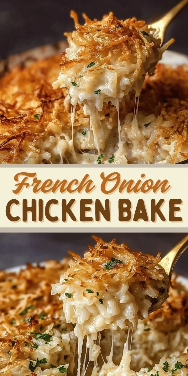 Cozy French Onion Chicken Rice Bake topped with melted cheese and onions.