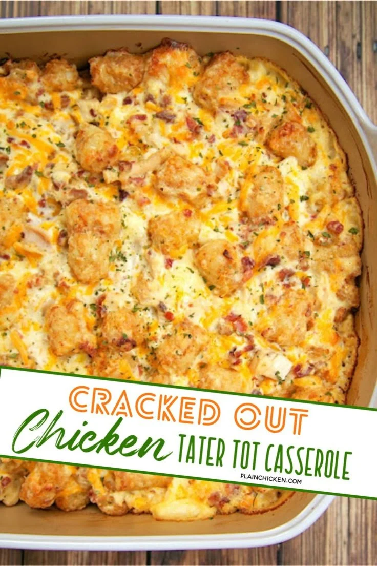 Cracked Out Chicken Tater Tot Casserole topped with cheese and crispy tater tots.