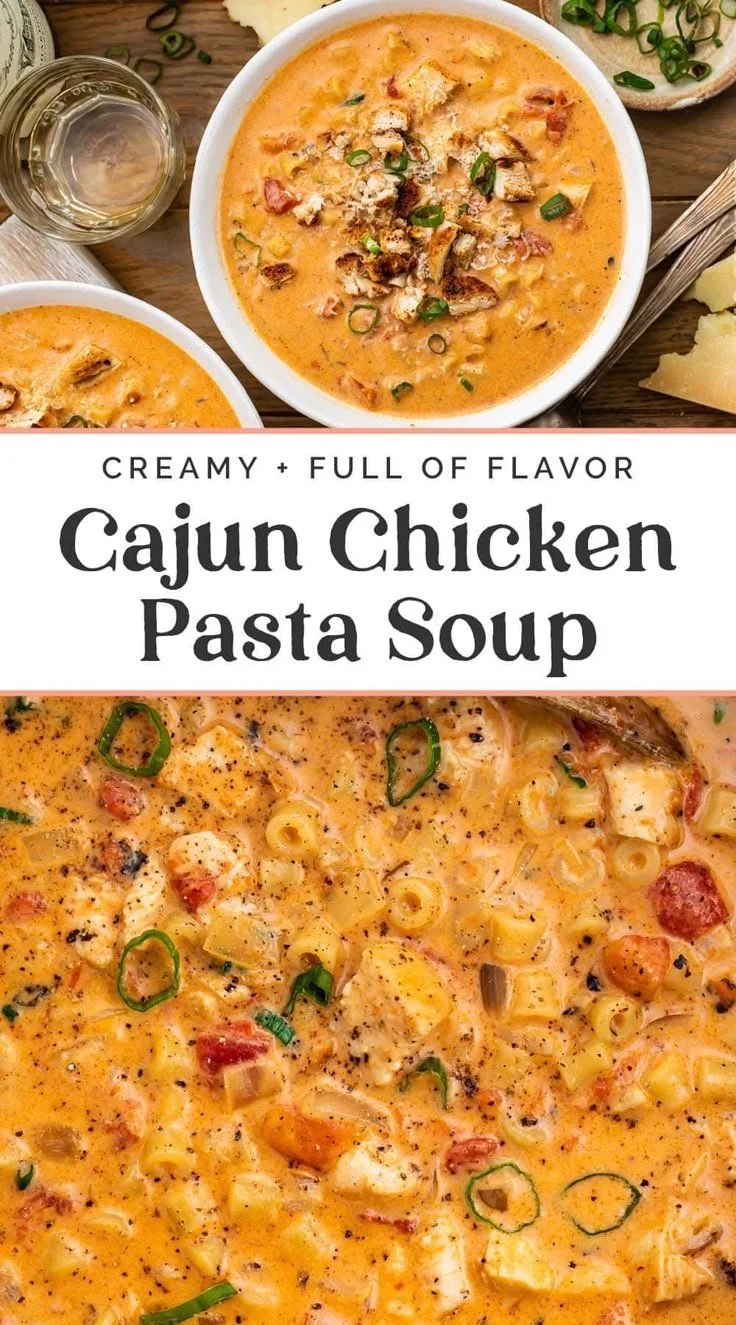 Bowl of creamy Cajun chicken pasta soup garnished with parsley