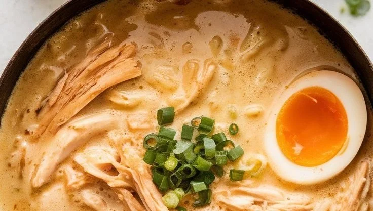 Creamy chicken ramen soup served in a bowl with chopsticks