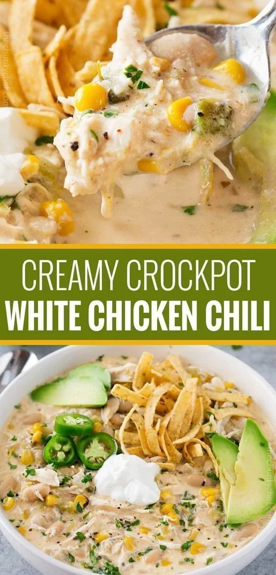 Creamy crockpot white chicken chili in a bowl with toppings