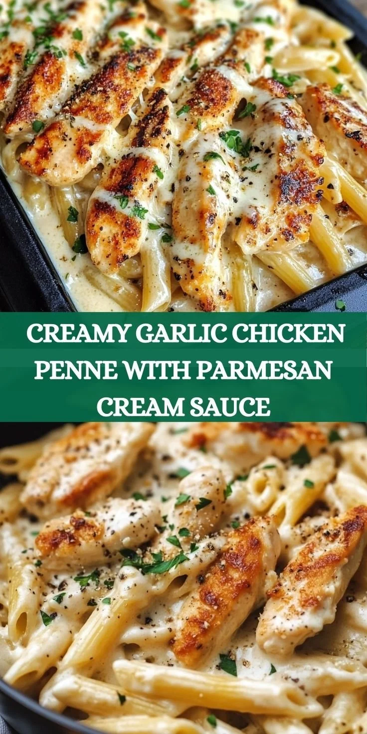 Creamy garlic chicken penne with parmesan cream sauce in a bowl