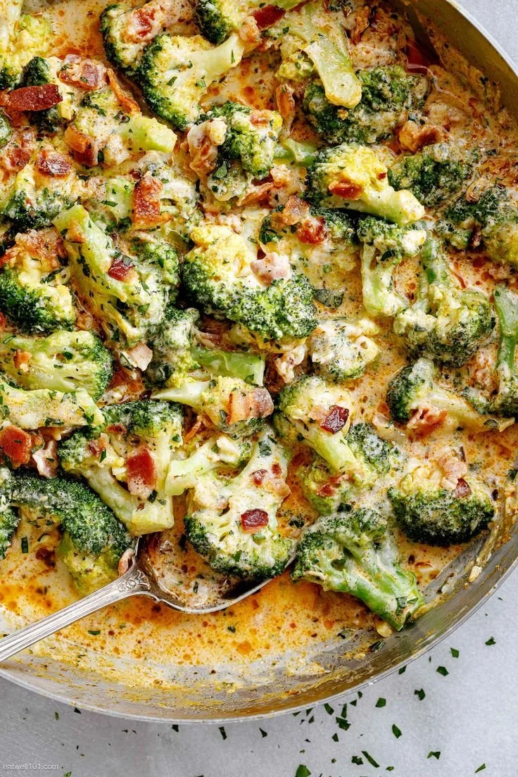 Creamy Garlic Parmesan Broccoli with Bacon on a plate
