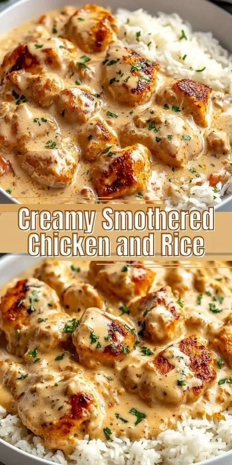 Delicious creamy smothered chicken served over rice