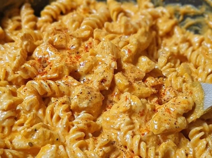 Creamy spicy Buffalo Chicken Pasta in a bowl with garnishes