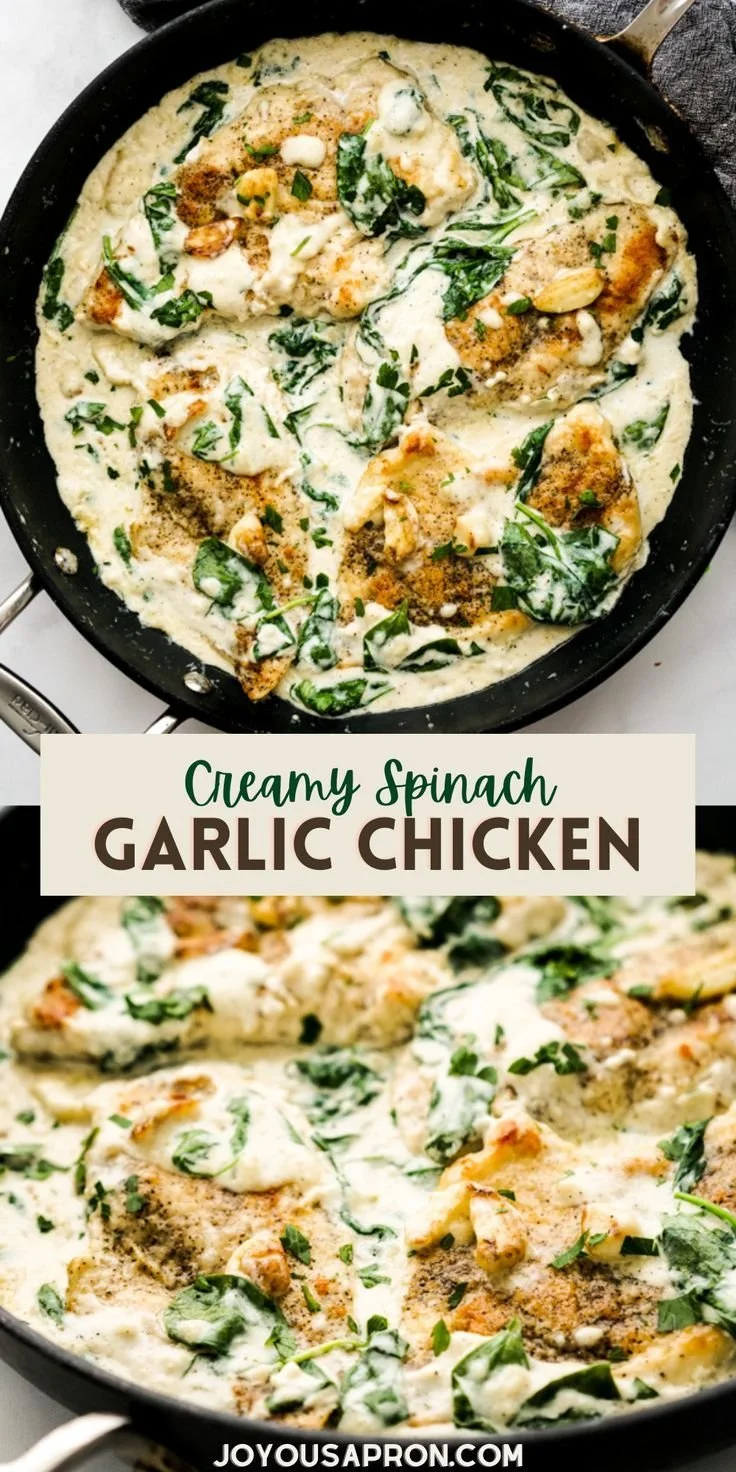 Creamy spinach garlic chicken dish served on a white plate
