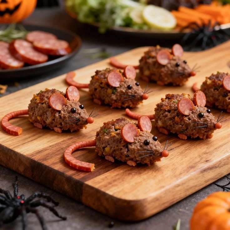Creepy meatloaf mice Halloween dinner served on a spooky platter