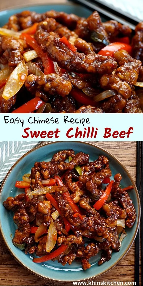 Plate of crispy chilli beef drizzled with sweet chilli sauce
