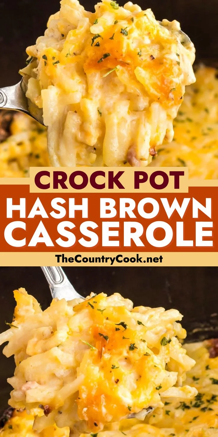 Delicious Crock Pot Hash Brown Casserole topped with cheese and herbs